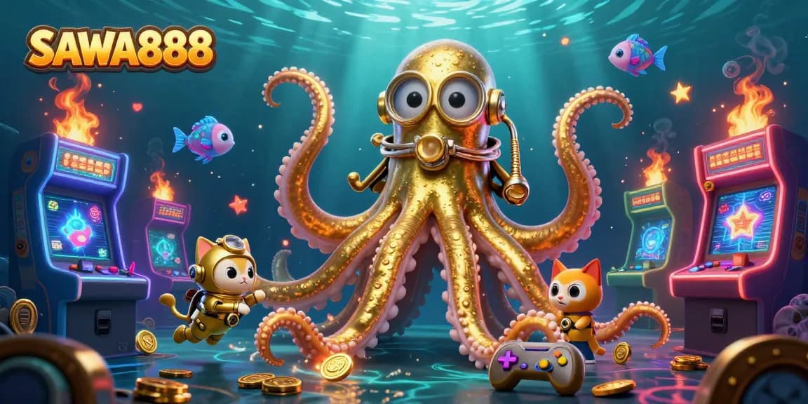Experience the thrill of SAWA888 with a kraken, diving cat, and arcade machines in a vibrant casino scene.