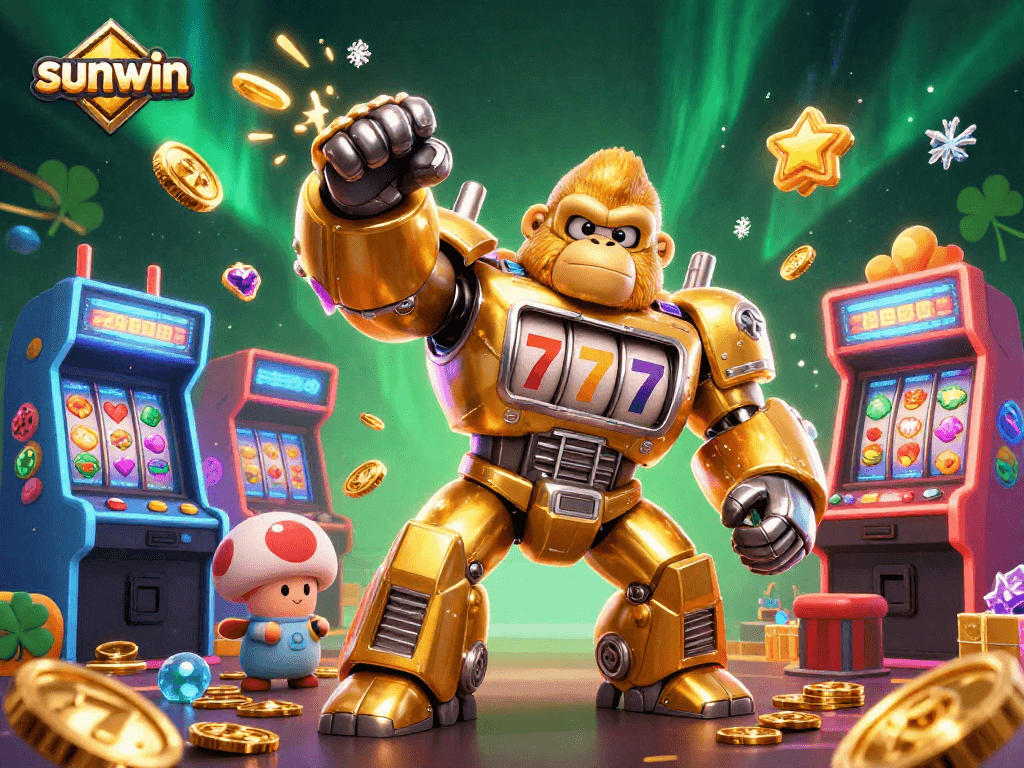 Win big with sunwin's exciting casino action, featuring a golden mech and vibrant arcade elements.