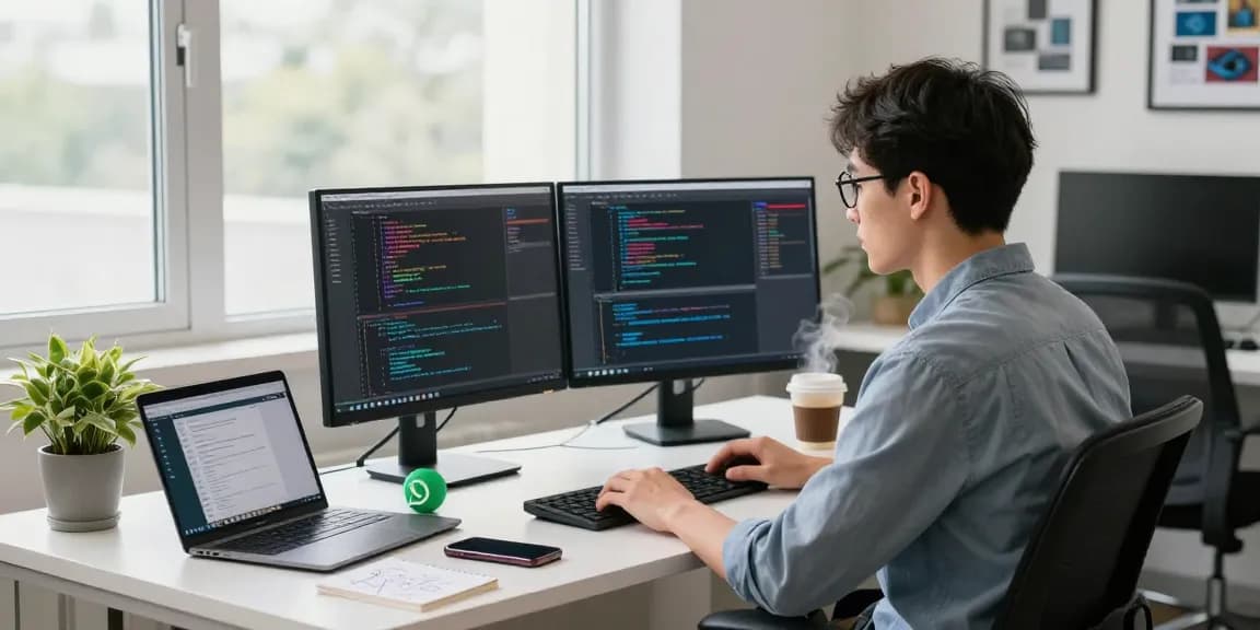 Developer coding WhatsApp下載 interface in a modern office.