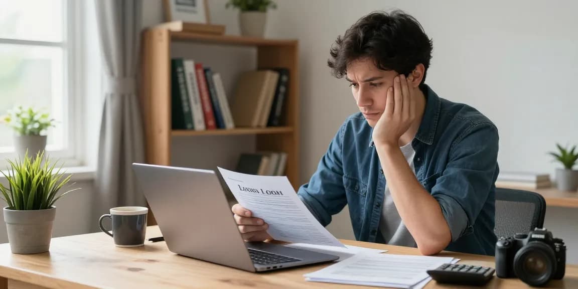 Person examining a 2500 loan offer in a cozy home office setting, highlighting financial empowerment.