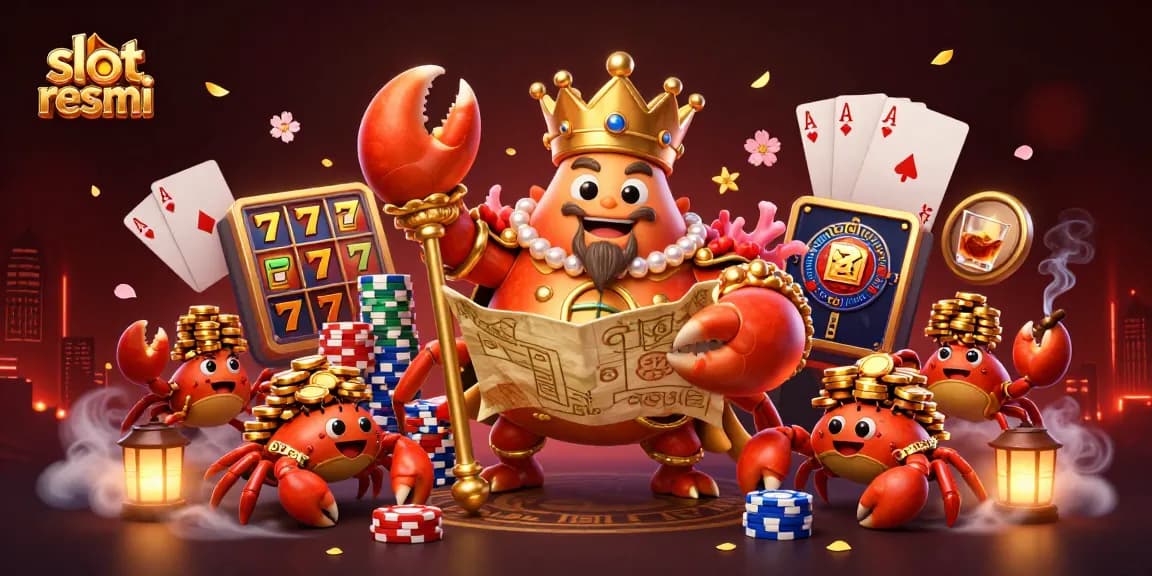 Play thrilling slot resmi games with our cartoon crab emperor showcasing treasures and poker elements.