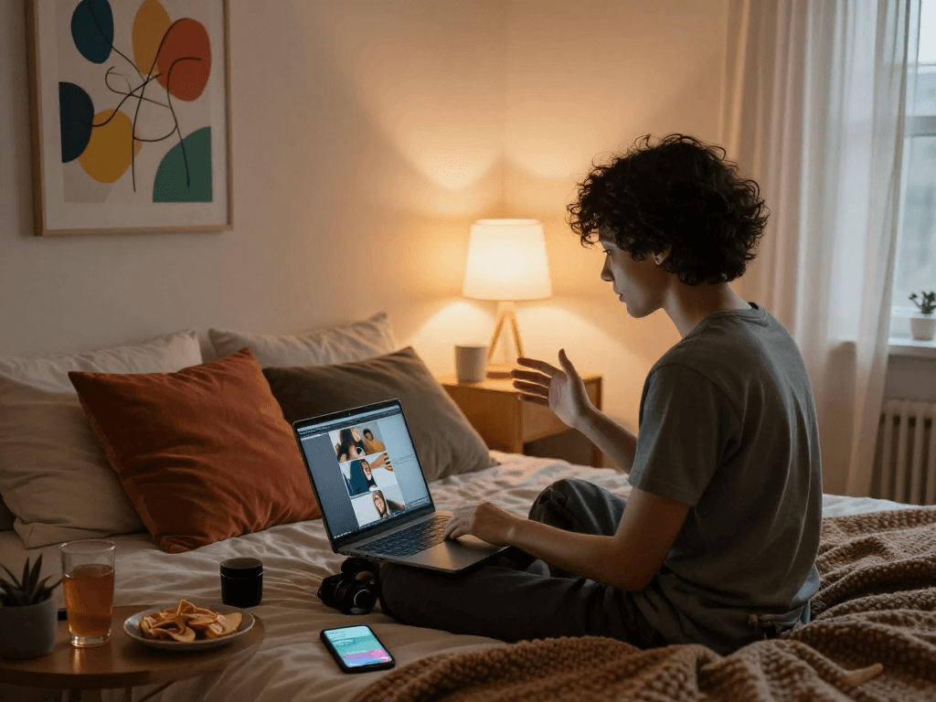 Engaging sexchat atmosphere in a cozy bedroom with laptop and snacks.