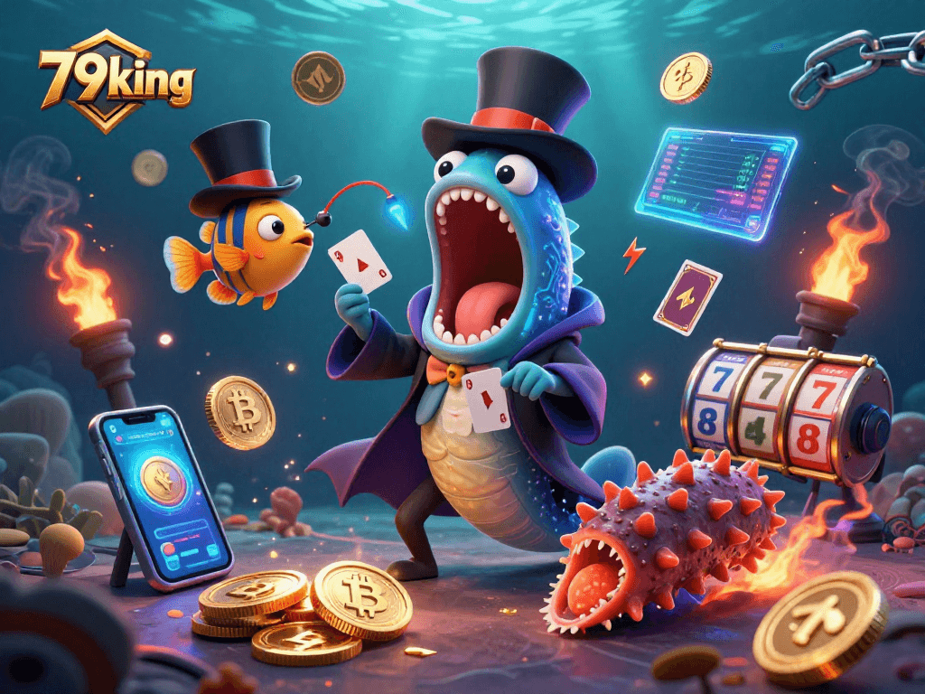Experience the thrills of 79king with a vibrant underwater casino scene featuring unique sea creatures and crypto elements.