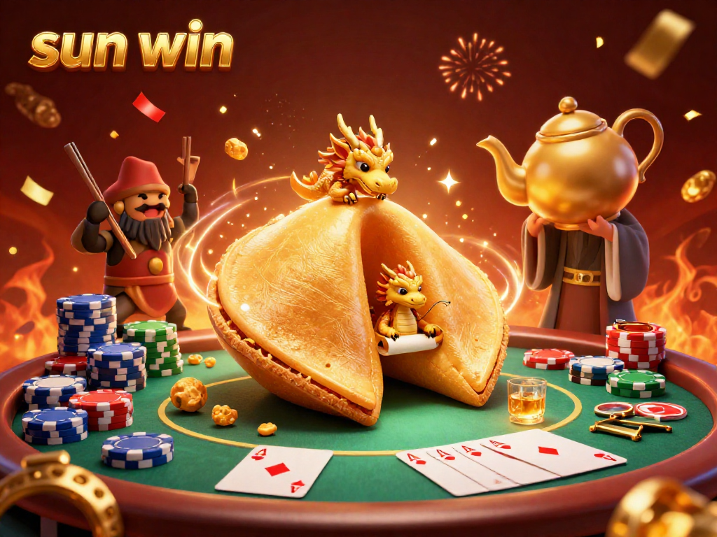 Engage in thrilling casino adventures with sun win, featuring a golden fortune cookie and dynamic poker elements.