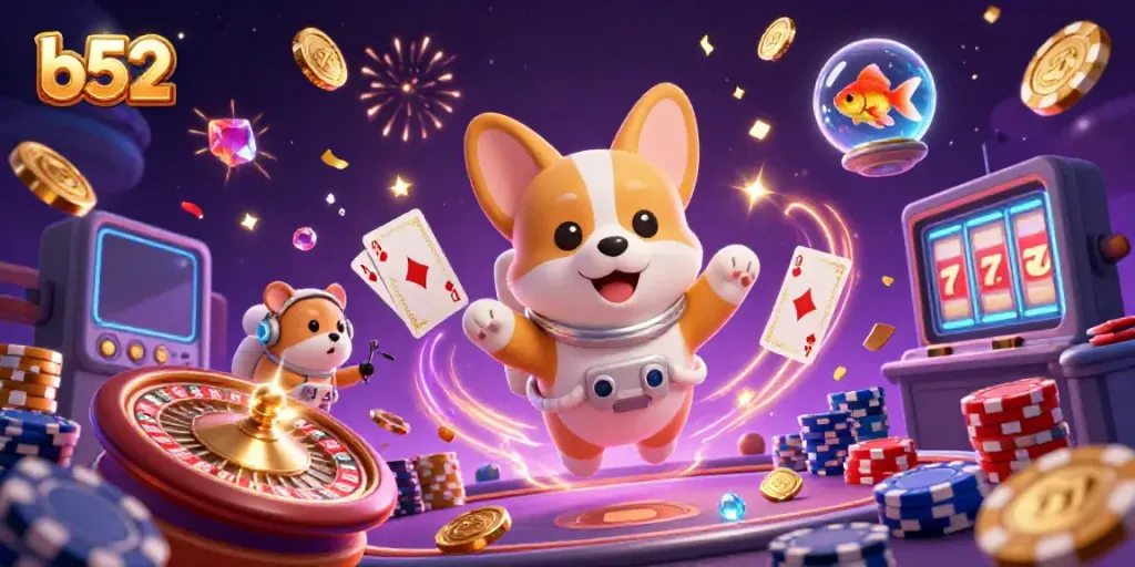 Experience the thrill of gaming with the b52 casino in a dynamic zero-gravity scene featuring playful characters and vibrant action.
