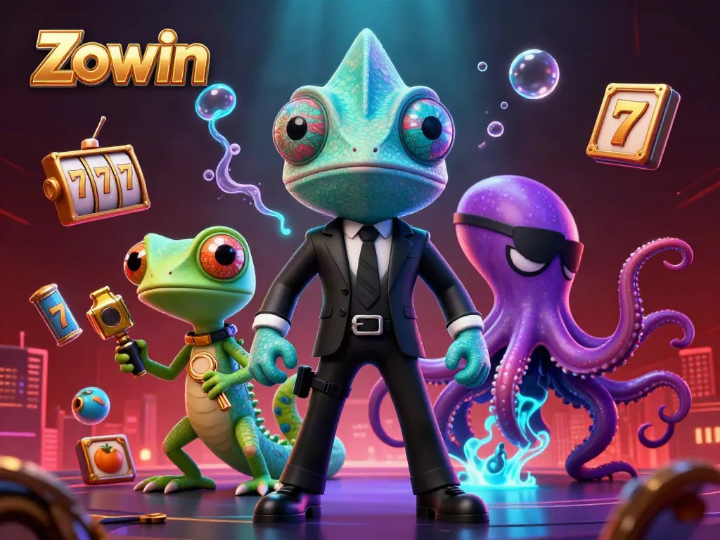 Zowin showcases a colorful 3D casino illustration featuring a secret agent chameleon and a tech-gecko, immersed in dynamic slot gaming elements.