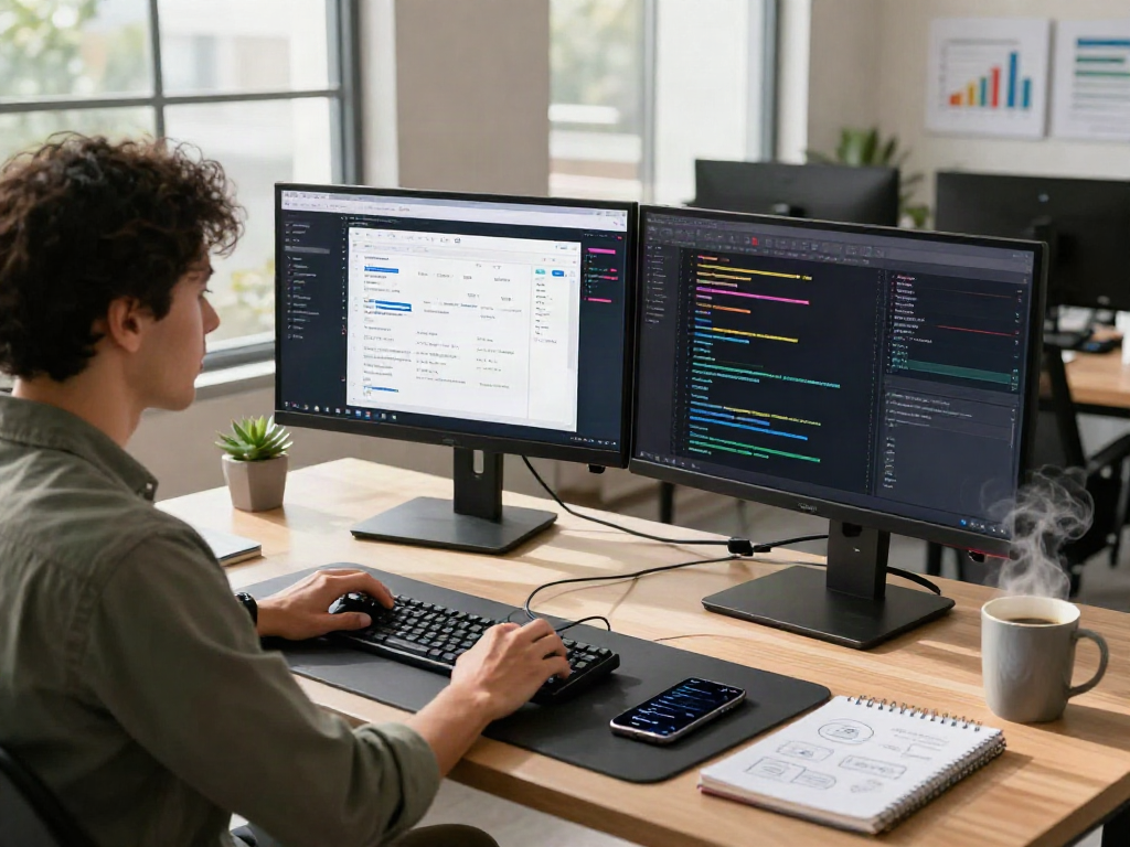 Engaged developer coding in a bright workspace using spicy ai tools for innovative projects.