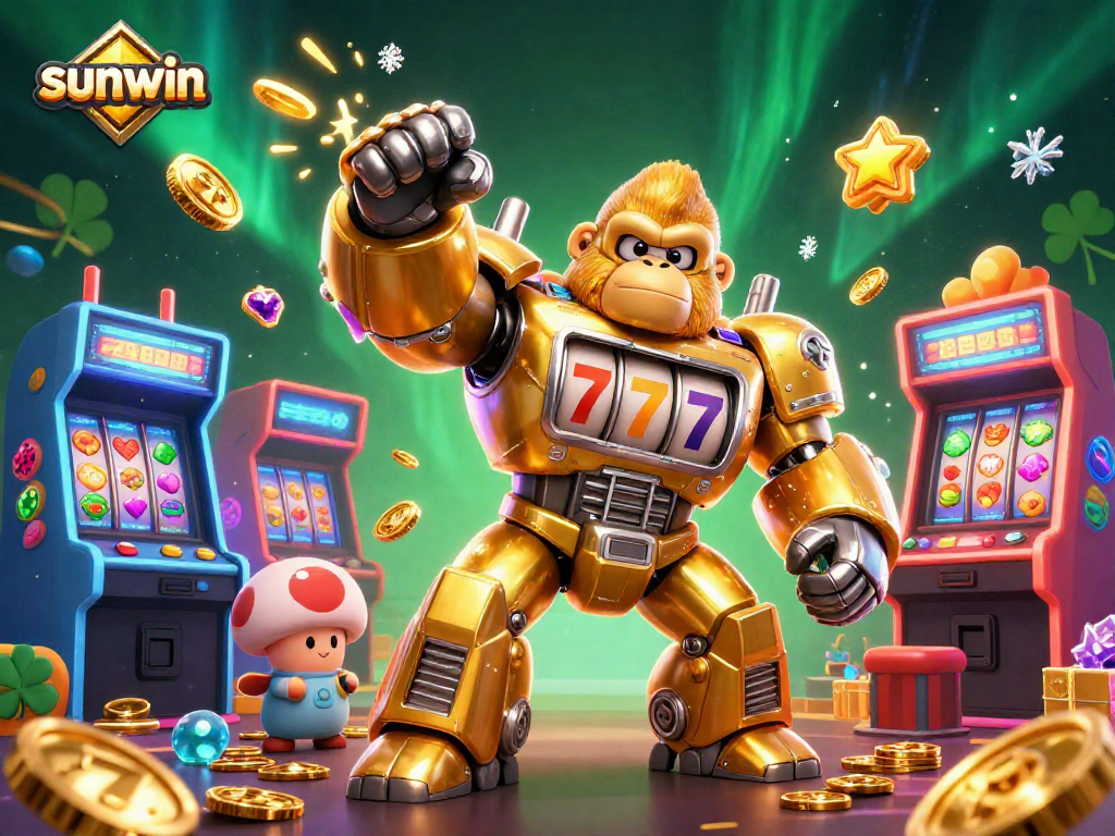 Win big with sunwin's exciting casino action, featuring a golden mech and vibrant arcade elements.