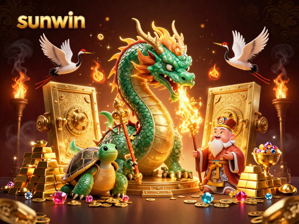 Engage with sunwin's immersive casino world featuring a jade dragon, turtle sage, and lucky cranes.