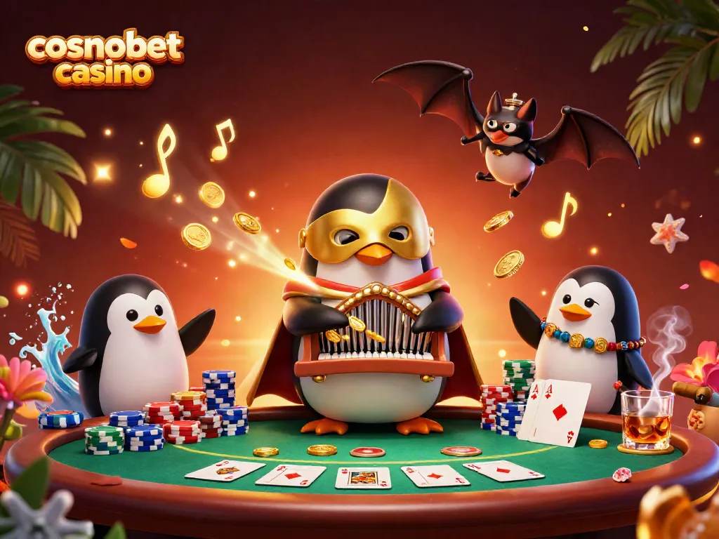 Engage with cosmobet casino's exciting atmosphere featuring a penguin playing an organ amidst golden coins and poker elements.