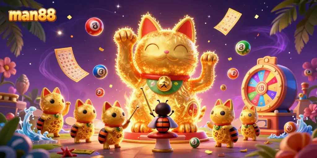 Experience the vibrant energy of man88 with this dynamic casino-themed illustration featuring a lucky cat and joyful game elements.