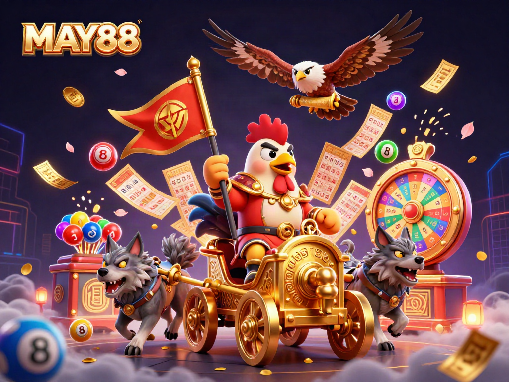 MAY88 showcases vibrant lottery elements and a 3D rooster warlord, symbolizing exciting online betting experiences.