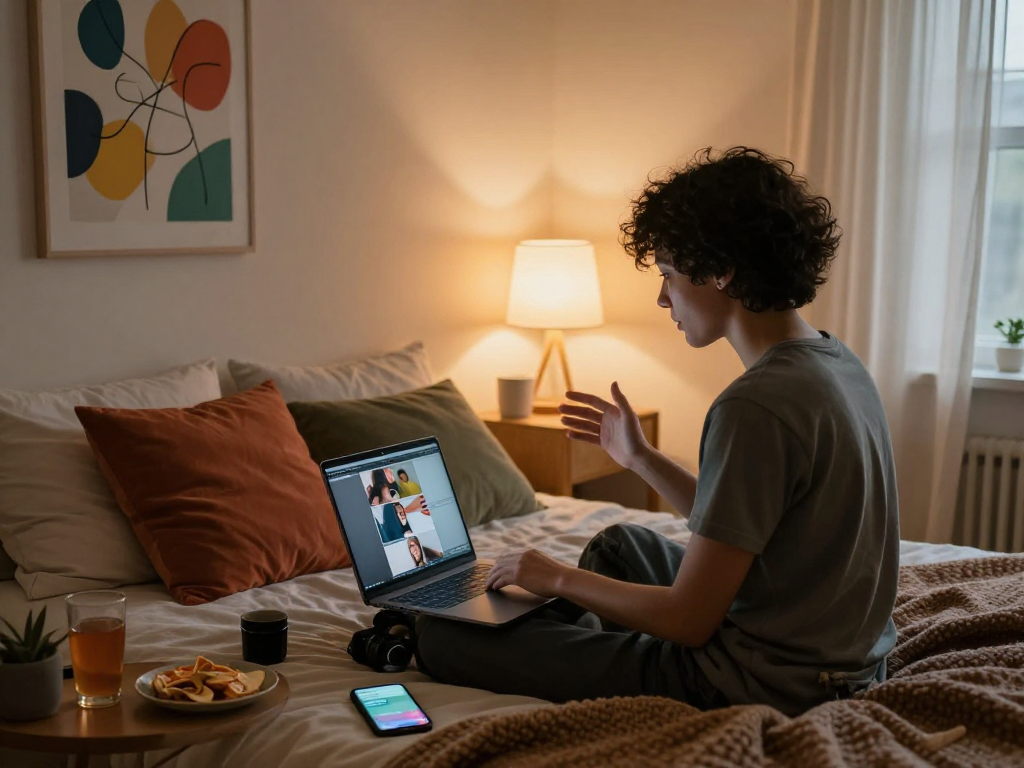 Engaging sexchat atmosphere in a cozy bedroom with laptop and snacks.
