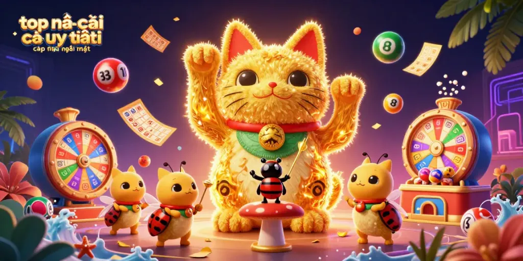Engage with the vibrant scene of top nhà cái uy tín cập nhật mới nhất featuring colorful casino elements and a lucky cat.