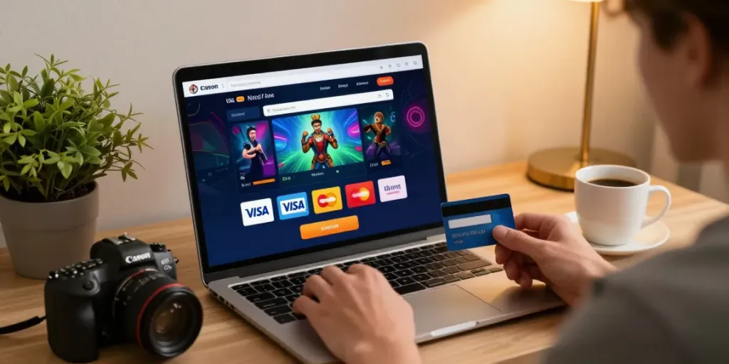 Discover the best credit card casinos in a vibrant online gaming setup with Visa and Mastercard.
