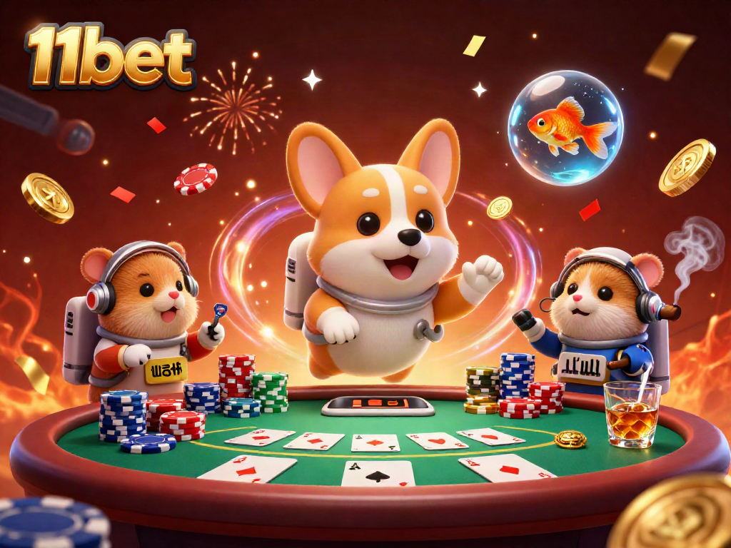 Experience the excitement of 11bet with cartoon characters enjoying a space casino adventure.