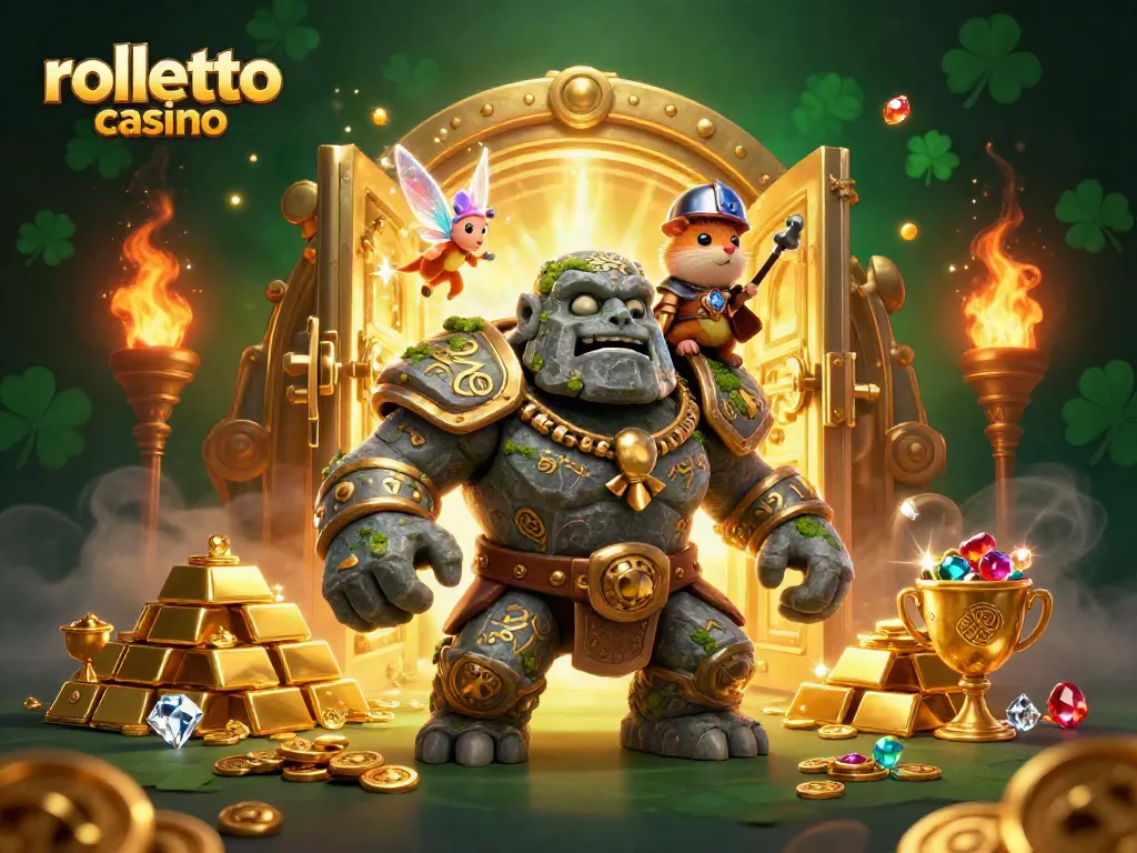 Experience excitement at rolletto casino with a magical 3D scene of a golem guardian, fairy, and hamster knight.