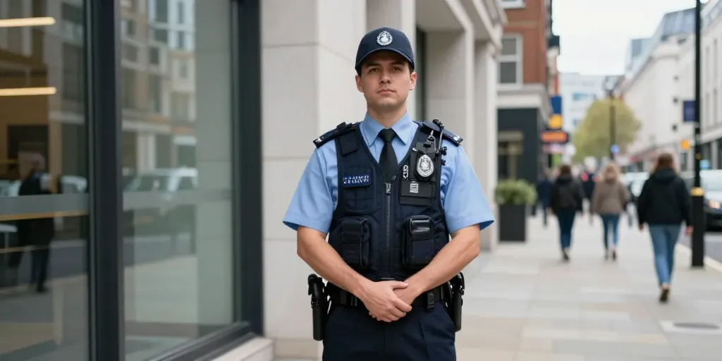 Security Guard protecting a corporate building in London, ensuring community safety.
