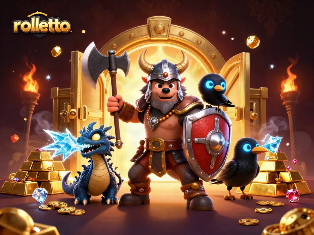 rolletto offers thrilling gaming experiences, featuring Viking warrior, dragon, and treasure in a dynamic casino scene.