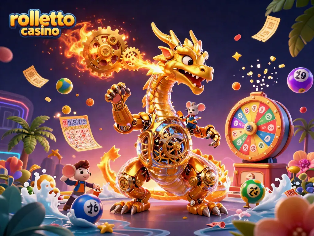 Engage with rolletto casino through a vibrant 3D illustration showcasing games and excitement.