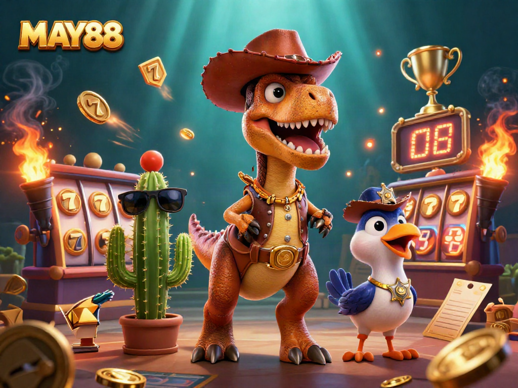 Engage with MAY88 in an exciting casino scene featuring a T-Rex, cactus, and roadrunner.