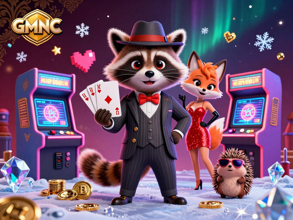 Engage with GMNC for casino insights featuring a suave raccoon, a stunning fox, and dynamic game elements.