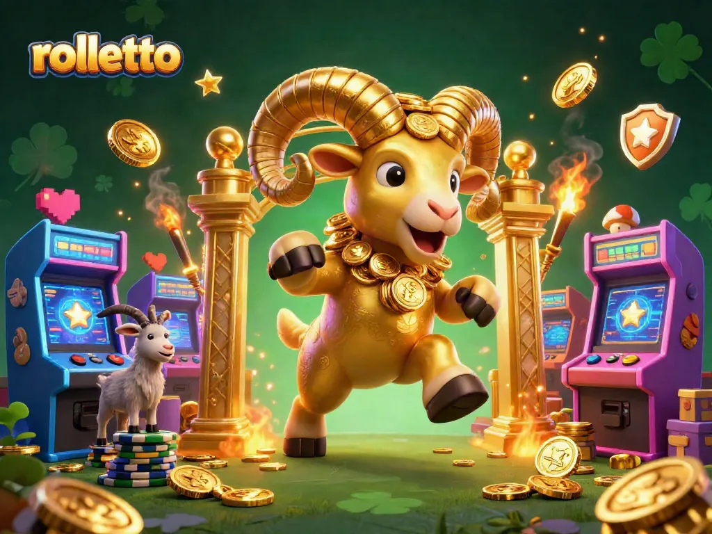 Engage with rolletto's casino magic featuring a golden ram charging amidst vibrant gaming elements.