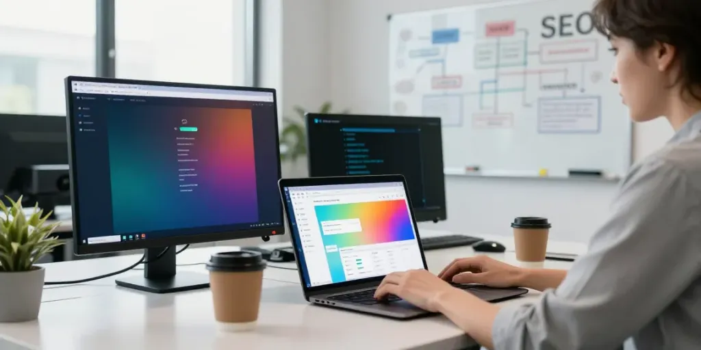 SEO specialist analyzing instant indexing tools in a modern tech workspace
