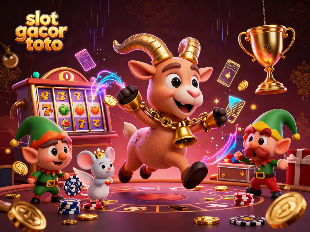 Engage in the thrill of slot gacor toto with a festive 3D casino scene featuring Krampus, an angel mouse, and mischievous gremlins.
