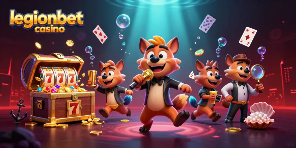 Join the fun at legionbet casino with a lively cartoon hyena comedy club scene featuring games and laughter!