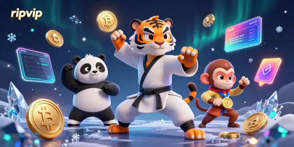 Engage in thrilling gaming at ripvip with a vibrant 3D illustration of cartoon characters and crypto elements