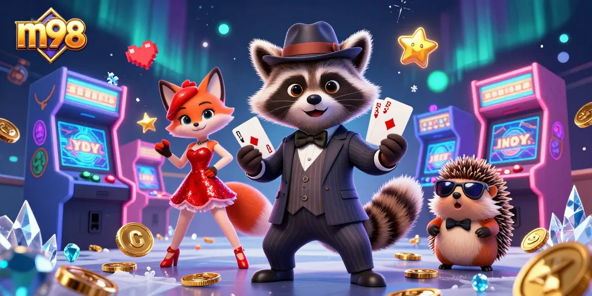 Betting with m98 as a suave raccoon holds a royal flush, showcasing a lively casino scene.