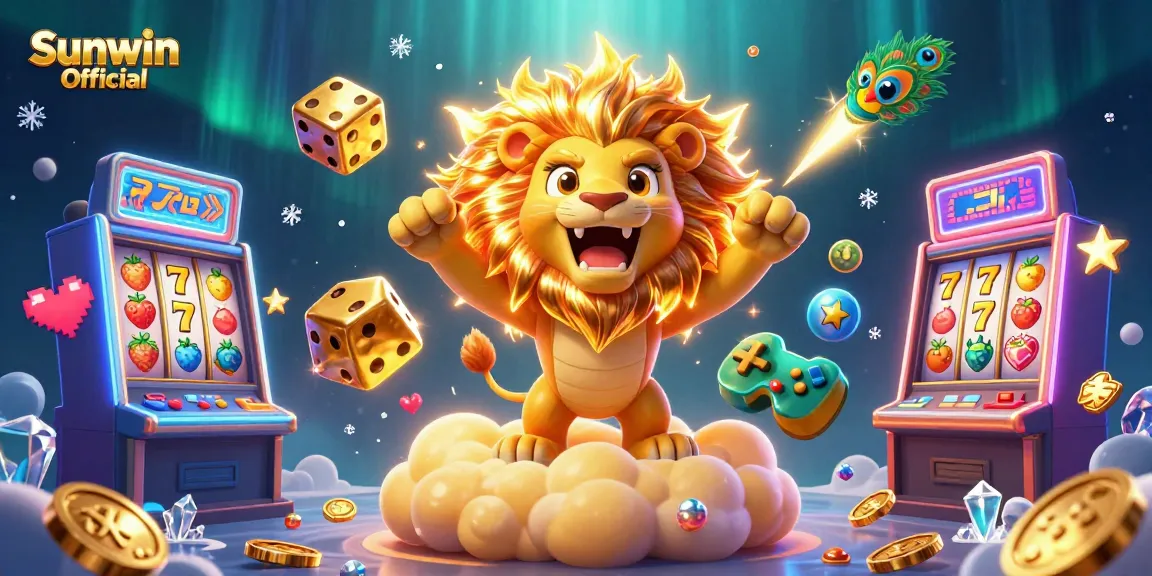 Engage with Sunwin Official in an excitement-filled casino scene featuring vivid slot machines and lively characters.