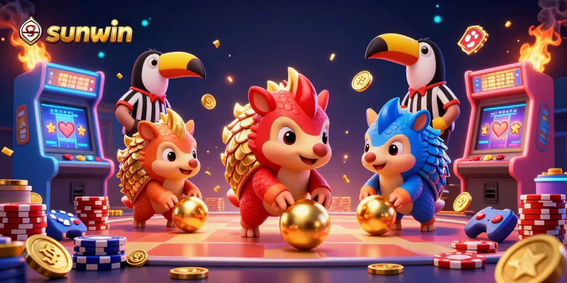 sunwin showcases a vibrant 3D scene with rival pangolins bowling through poker chips, illustrating dynamic casino gameplay.