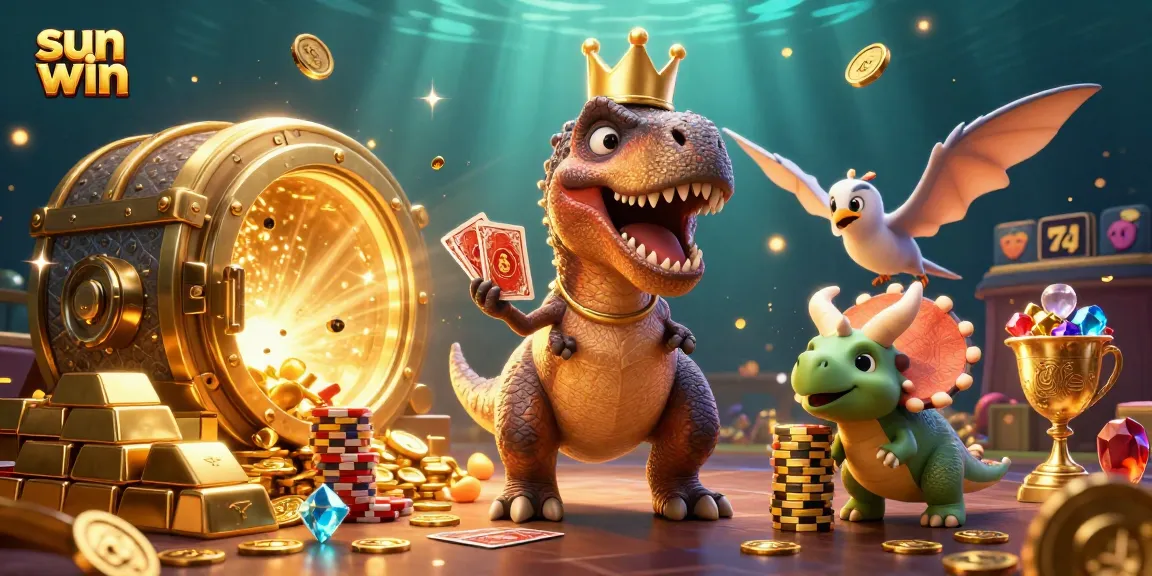 Sun win showcases a dynamic casino scene with a T-Rex, pterodactyl, and triceratops amidst treasure elements.