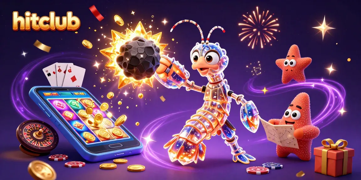 Hitclub thrills players with vibrant 3D slot game scene showcasing a mantis shrimp hero amidst treasures.