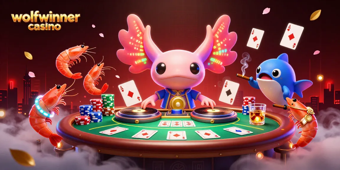 Experience the excitement at wolfwinner casino with a vibrant underwater party scene featuring an axolotl DJ and poker elements.